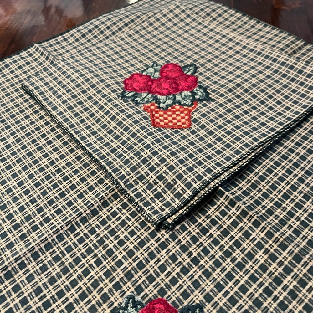 Plaid homespun  Kitchen Towel with Floral Embroidery